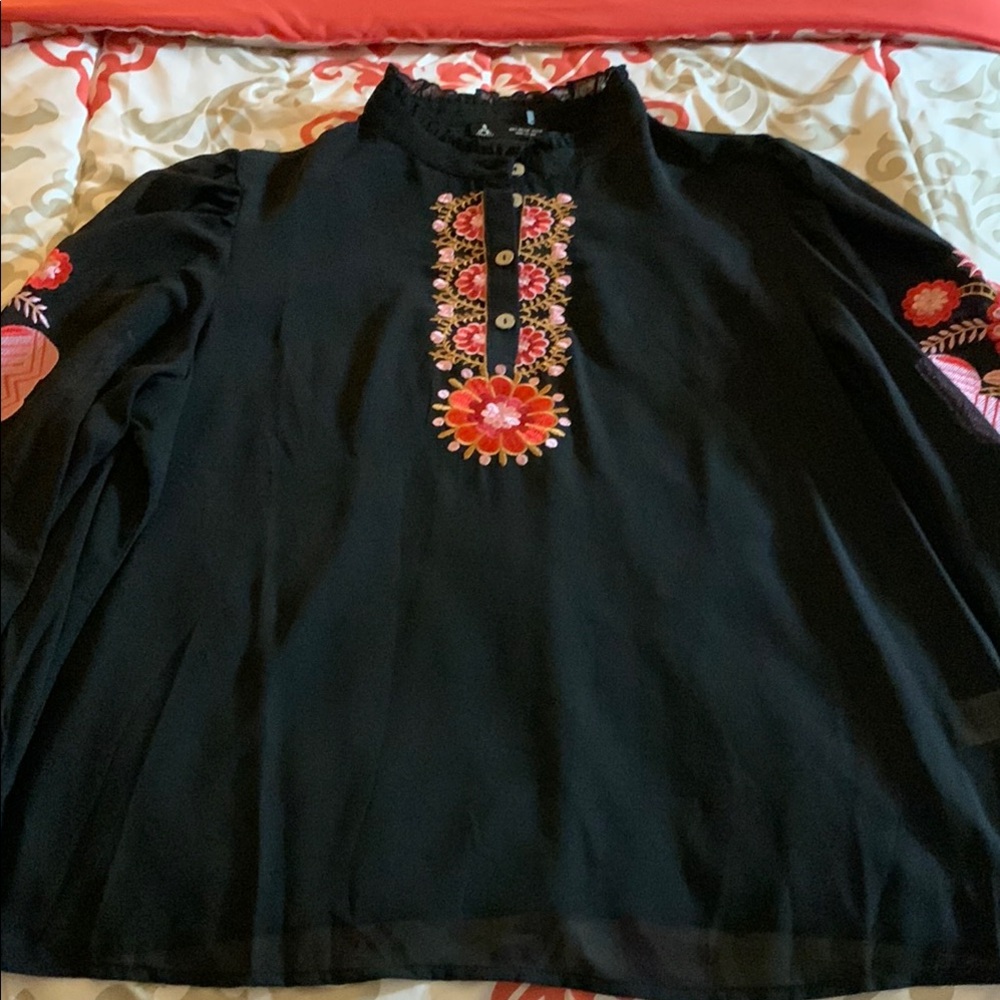 Black Long Sleeve Tunic with Orange Embellishments and Mandarin Collar